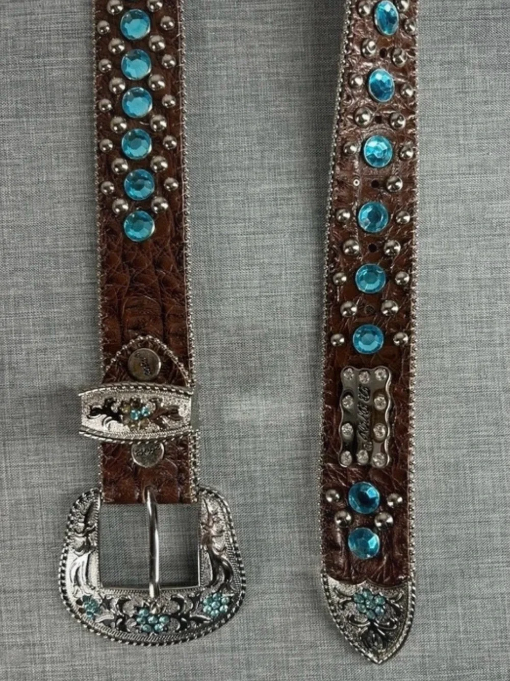 Brown Leather Western Belt with Turquoise Crystals